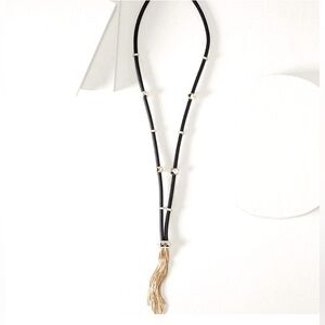 WHBM Elegant Black Leather Necklace with Gold Rock studs and Chain Tassel. NWT